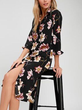 Lulus Mary Anne Black Floral Print Midi Shirt Dress - Size XS